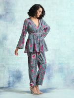 Thumbnail for trueBrowns Grey Printed Velvet Co-Ord Set - Distacart