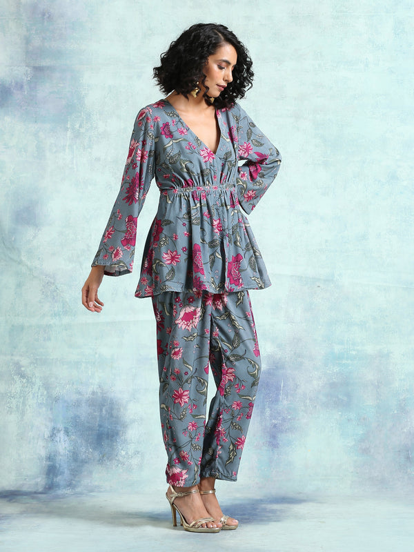 trueBrowns Grey Printed Velvet Co-Ord Set - Distacart