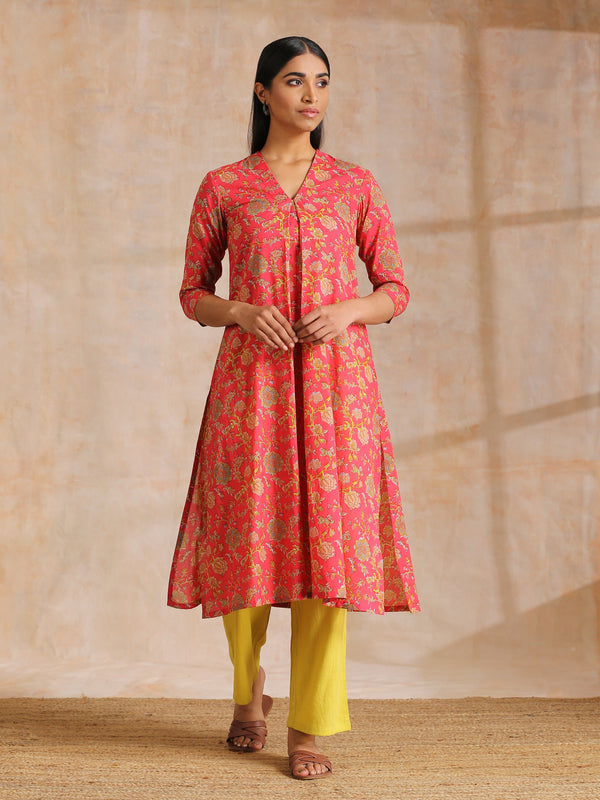 trueBrowns Flamingo Pink Overall Floral Block Print Cotton Slit Kurta Pant Set - Distacart