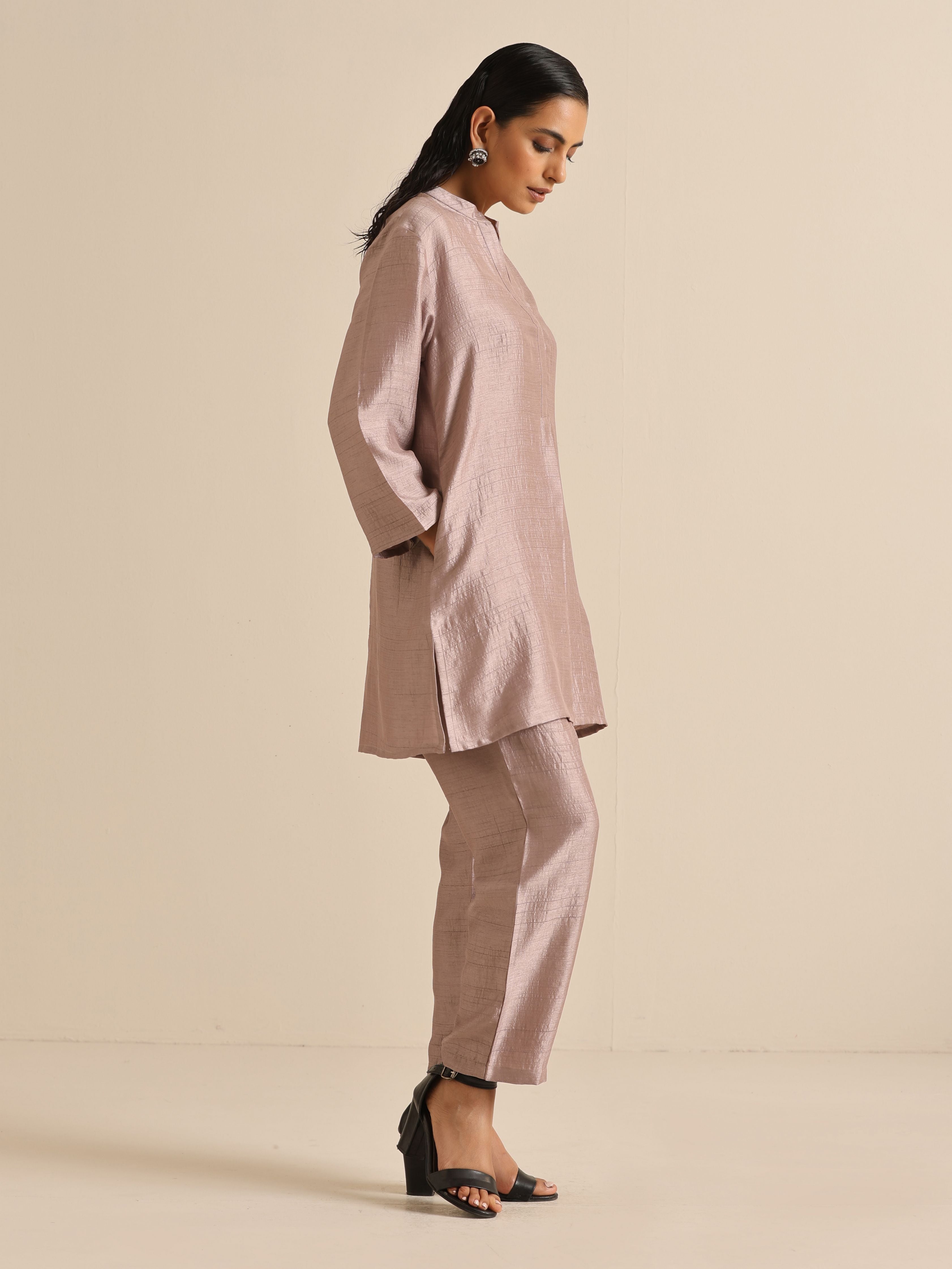 trueBrowns Grey Silk Texture Relaxed Co-Ord Set - Distacart