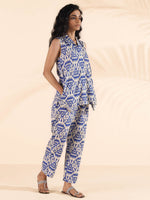 Thumbnail for trueBrowns Blue Cotton Ikat Sleeveless Co-ord Set - Distacart
