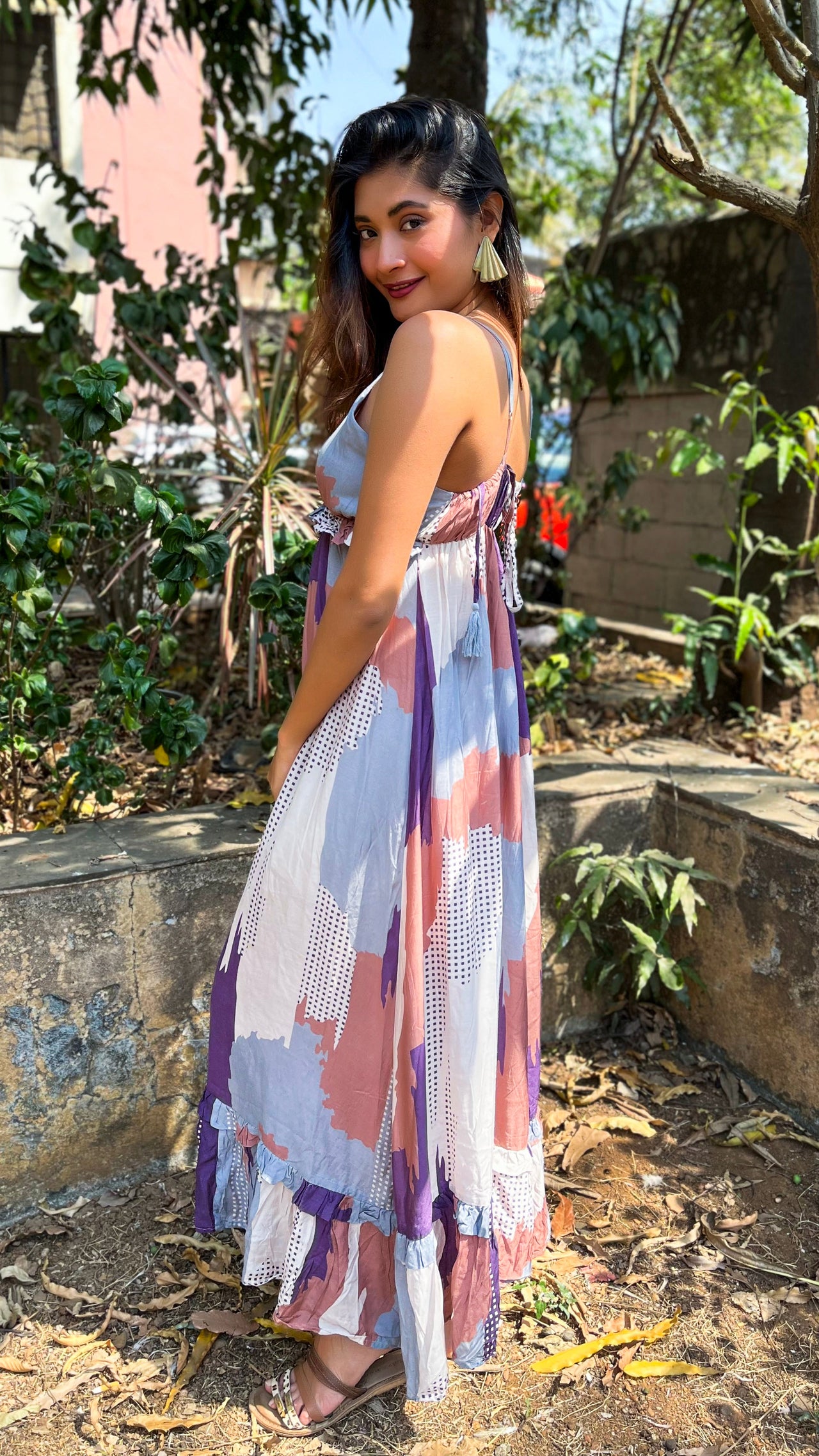 Noroke Pure Muslin Abstract Long Ruffled Tiered Dress - Printed