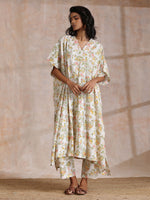 Thumbnail for trueBrowns Pink Yellow Floral On White Block Print Cotton Panel Kaftan Kurta Pant Set - Distacart