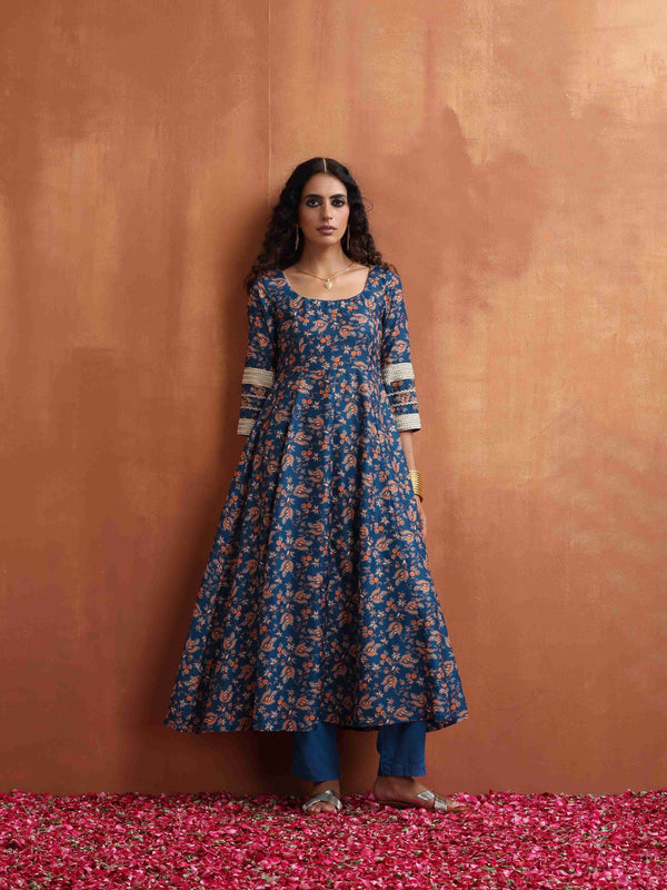 trueBrowns Blue Print Flared Anarakali Kurta Set - Distacart