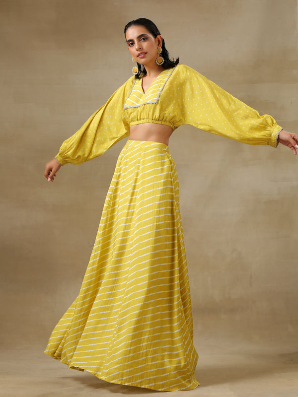 trueBrowns Lime Green Bandhani Printed Silk Top Skirt Set - Distacart