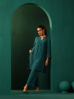 Thumbnail for trueBrowns Teal Silk Relaxed Placket Co-ord Set - Distacart