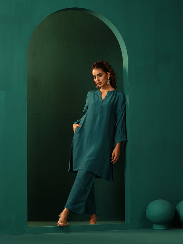 trueBrowns Teal Silk Relaxed Placket Co-ord Set - Distacart