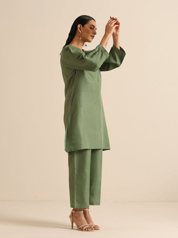trueBrowns Olive Green Slub Relaxed Placket Co-Ord Set - Distacart
