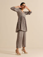 Thumbnail for trueBrowns Grey Floral Silk Printed Co-Ord Set - Distacart