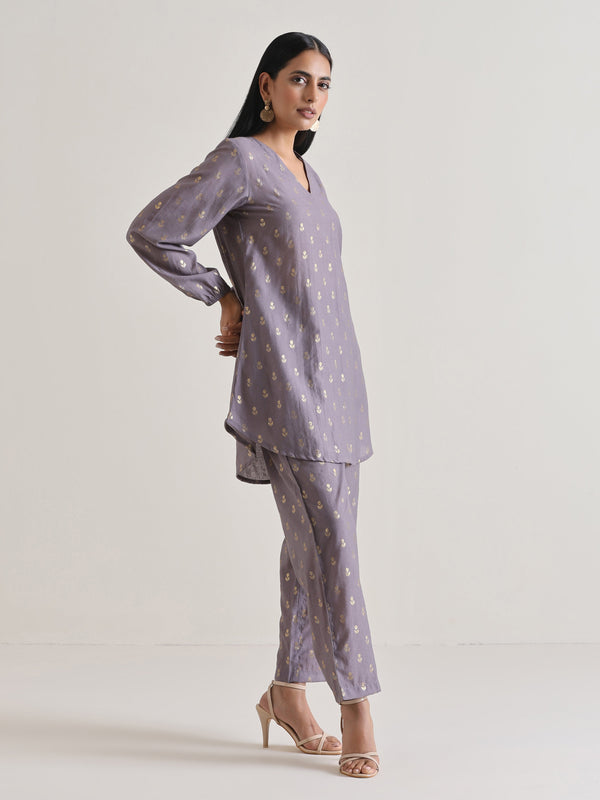 trueBrowns Plum Grey Foil Short Co-Ord Set - Distacart