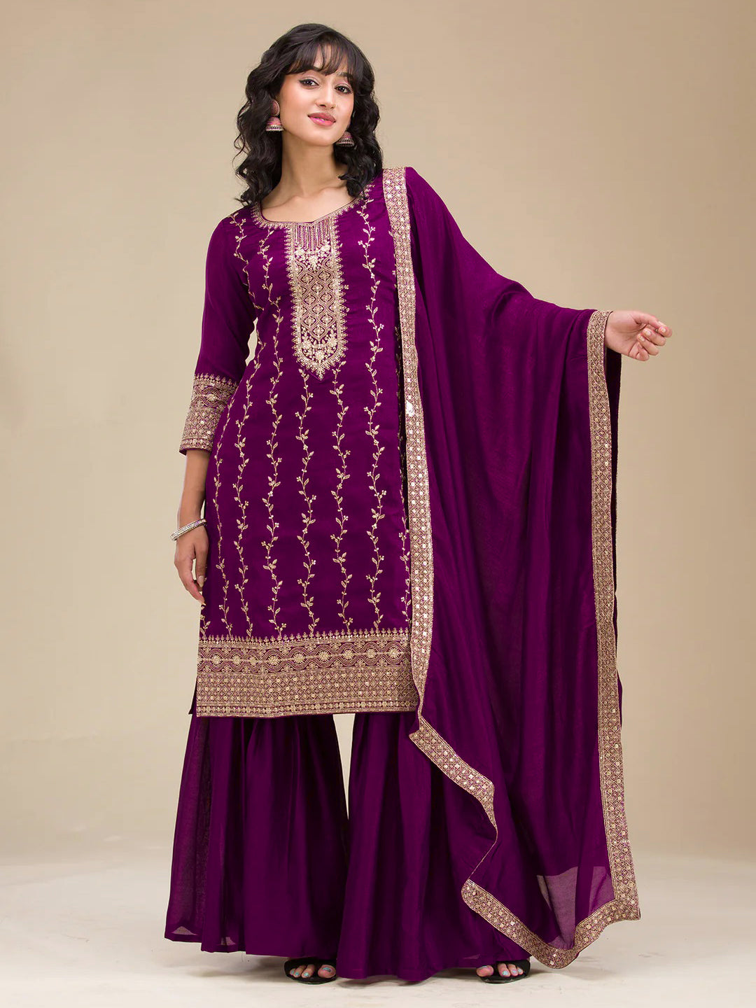 The52 Beautiful Embroidered Vichitra Silk Fabric Straight Kurta, Palazzo and Dupatta Set