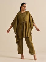 Thumbnail for trueBrowns Olive Green Texture Doddy Kaftan Gathered Co-Ord Set - Distacart