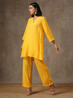 Thumbnail for trueBrowns Yellow Bandhani Flare Printed Silk Co-Ord Set - Distacart