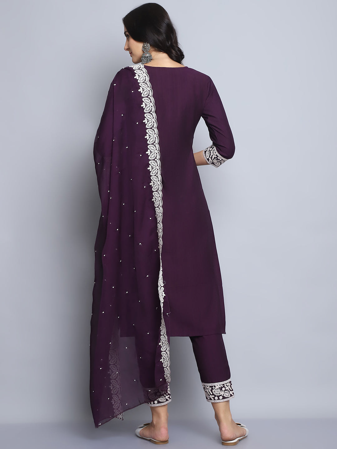 Indian Fashion Women Wine Embroidery silk Kurta, Pant And Dupatta Set