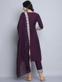 Thumbnail for Indian Fashion Women Wine Embroidery silk Kurta, Pant And Dupatta Set