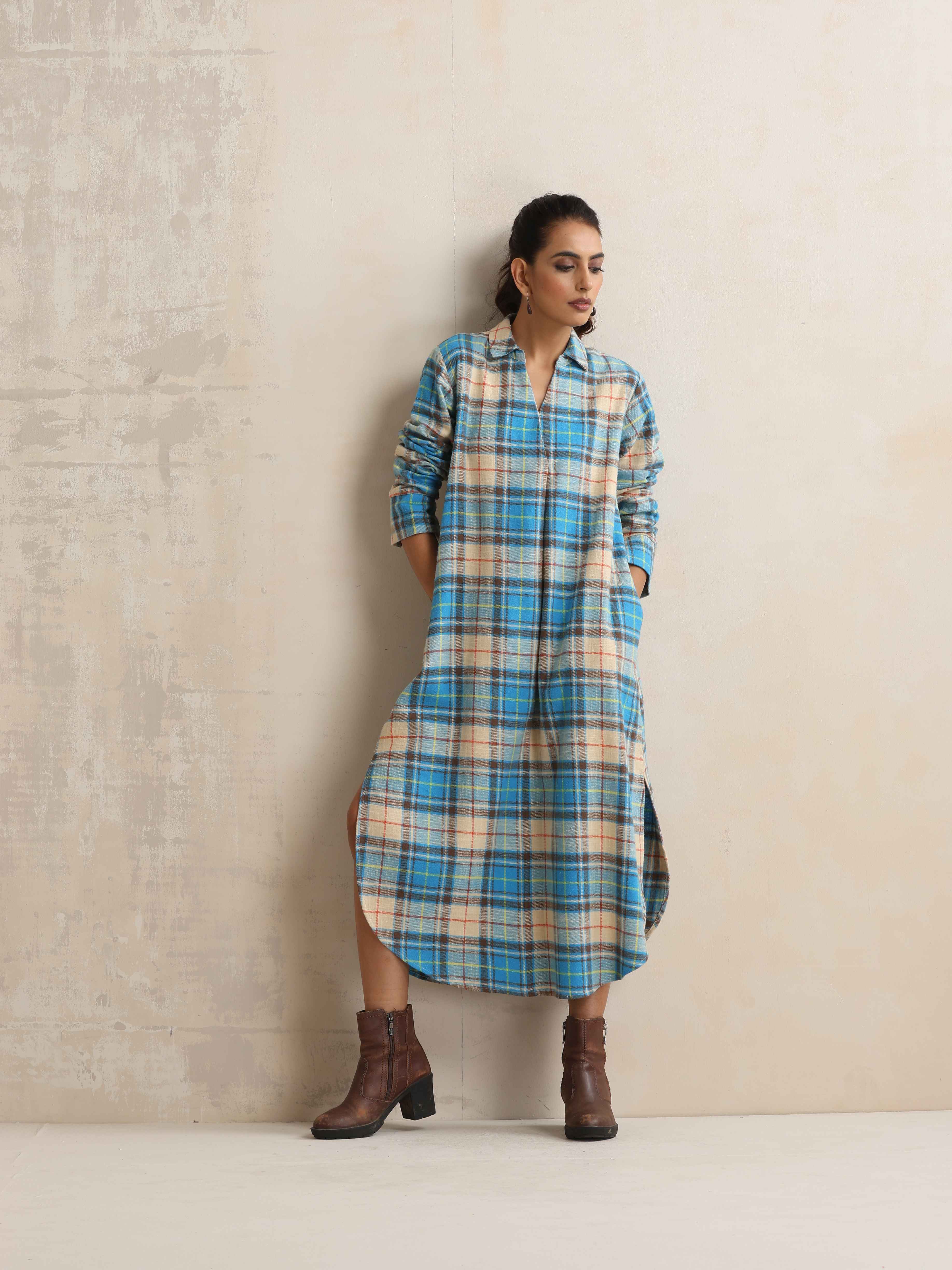 trueBrowns Beige Check Pleated Winter Dress - Distacart