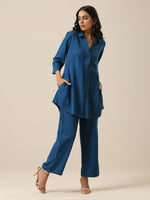 Thumbnail for trueBrowns Classic Blue Slub Texture Collar Short Co-Ord Set - Distacart