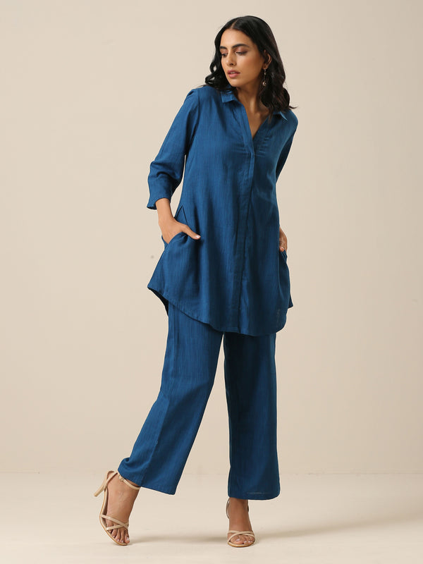 trueBrowns Classic Blue Slub Texture Collar Short Co-Ord Set - Distacart