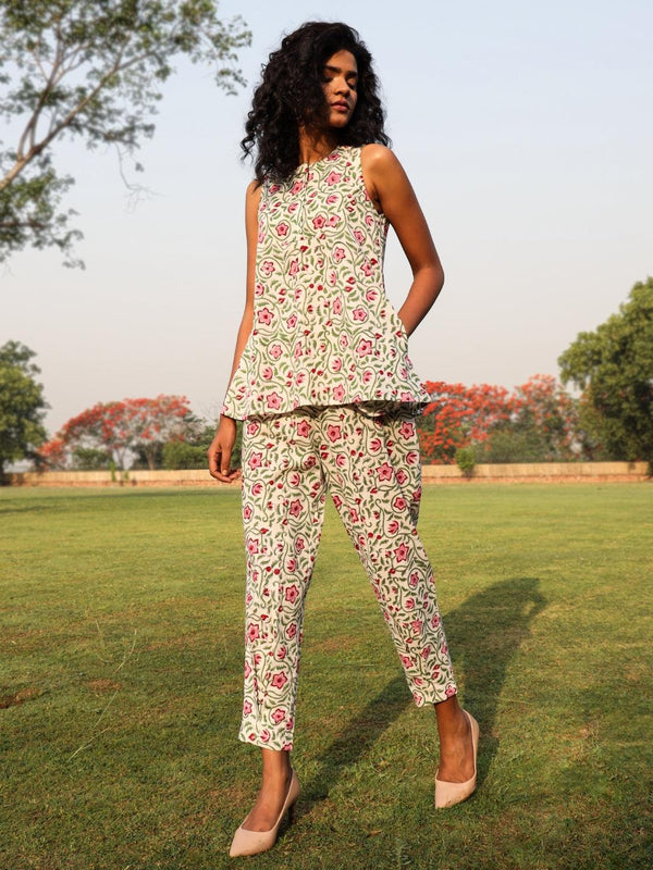 trueBrowns White Cotton Block Print Sleeveless Co-Ord set - Distacart