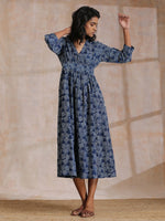 Thumbnail for trueBrowns Indigo Dabu Overall Print Cotton Wrap Dress - Distacart
