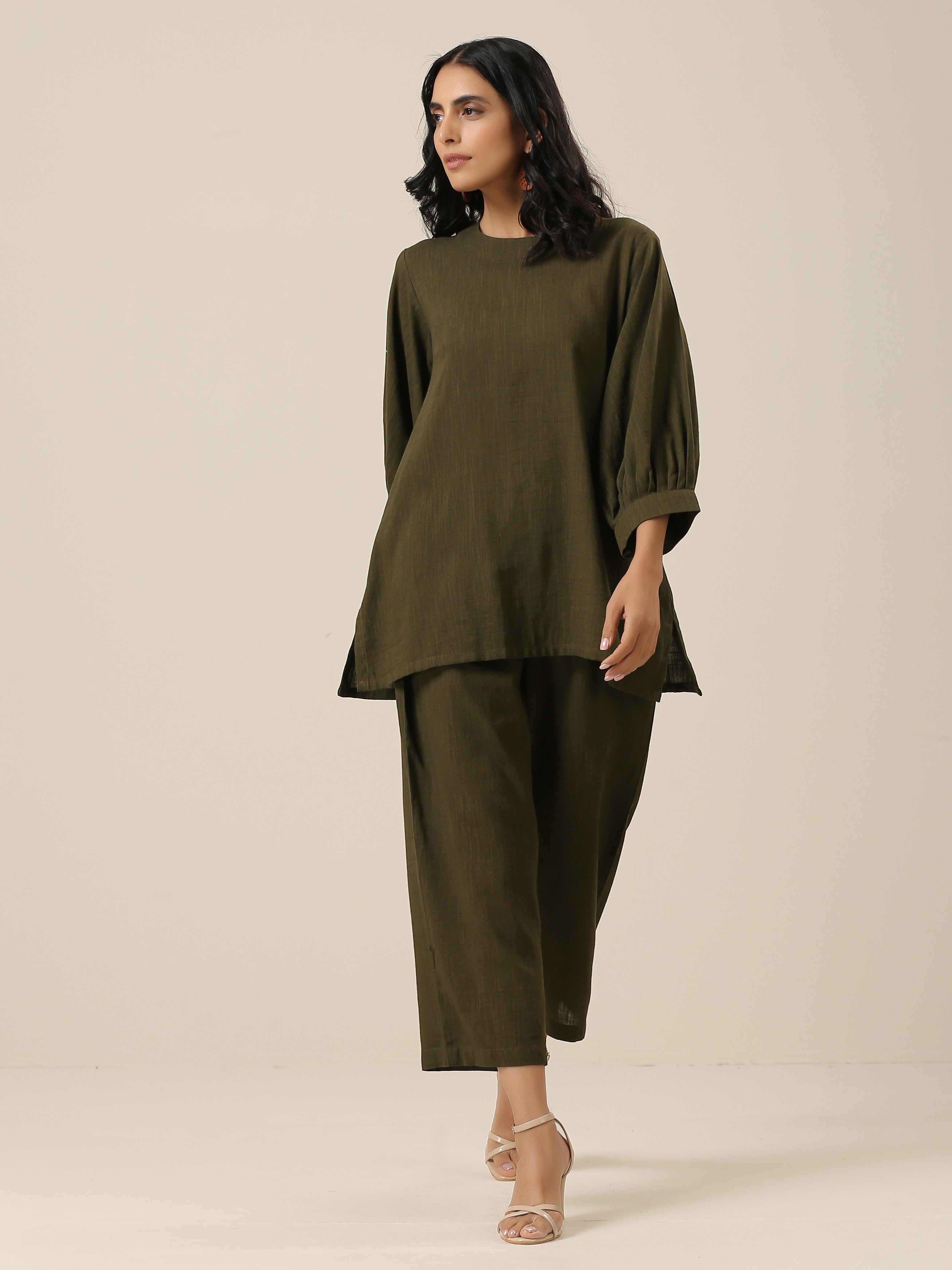 trueBrowns Olive Green Slub Texture Baggy Sleeve Co-Ord Set - Distacart