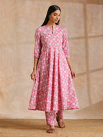 Thumbnail for trueBrowns Pink Overall Floral Block Print Cotton Flared Kurta Pant Set - Distacart