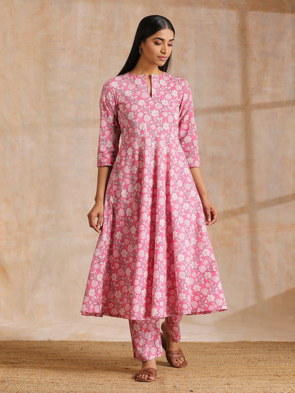 trueBrowns Pink Overall Floral Block Print Cotton Flared Kurta Pant Set - Distacart