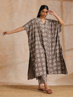 Thumbnail for trueBrowns Clay Dabu Overall Print Cotton Panel Kaftan Kurta Pant Set - Distacart