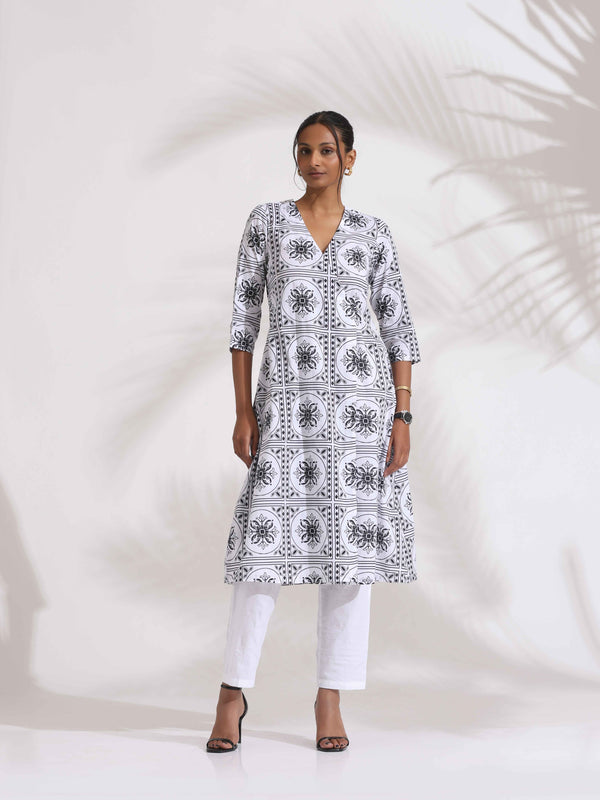 trueBrowns White Cotton Geometric Print Angrakha Kurta Set - Distacart
