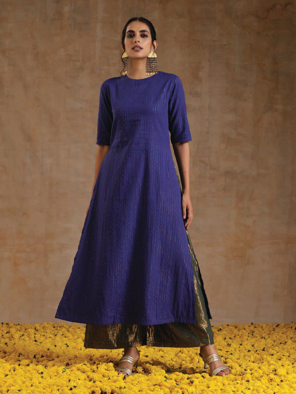 trueBrowns Spectrum Blue Gold Cotton High Slit Kurta Set - Distacart