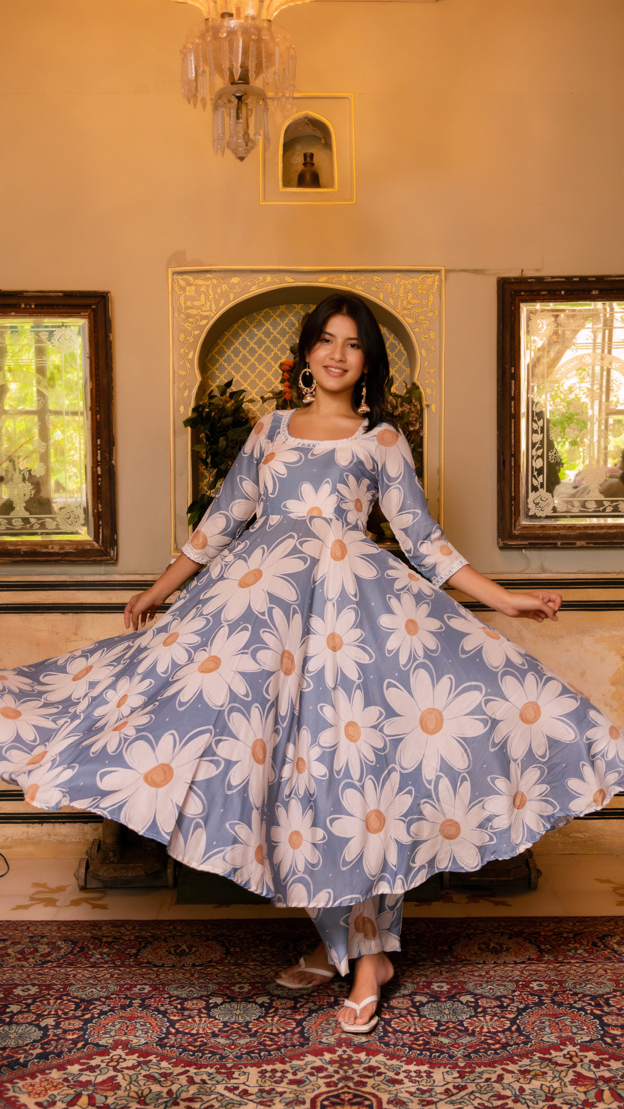 Pomcha Jaipur Gaurangi White Phool Powder Blue Anarkali Set