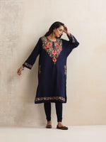 Thumbnail for trueBrowns Blue Floral Embroidered Woollen Phiran Kurta - Distacart