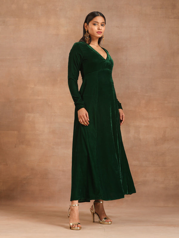 trueBrowns Green Velvet Dress - Distacart