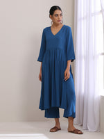 Thumbnail for trueBrowns Classic Blue Dobby High Slit Gathered Kurta Set - Distacart