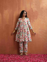 Thumbnail for trueBrowns Off White Print Anarkali Kurta Co-ord Set - Distacart
