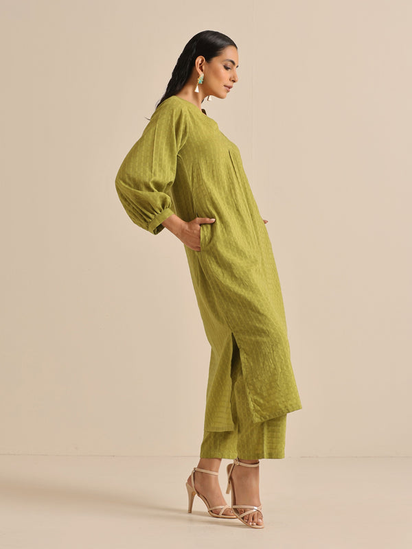 trueBrowns Fresh Green Dobby Puff Sleeve Kurta Pant Set - Distacart