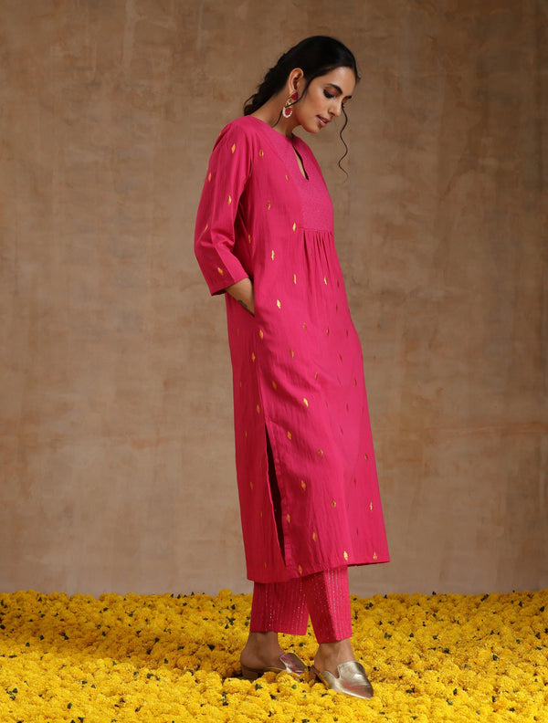 trueBrowns Pink Gold Cotton Yoke Kurta Set - Distacart