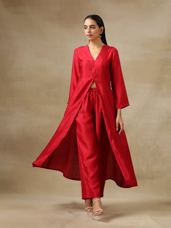 trueBrowns Maroon Textured Silk Front Slit Kurta Pant Set - Distacart