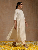 Thumbnail for trueBrowns Ivory Gold Cotton Neck Pleat Kurta Set - Distacart