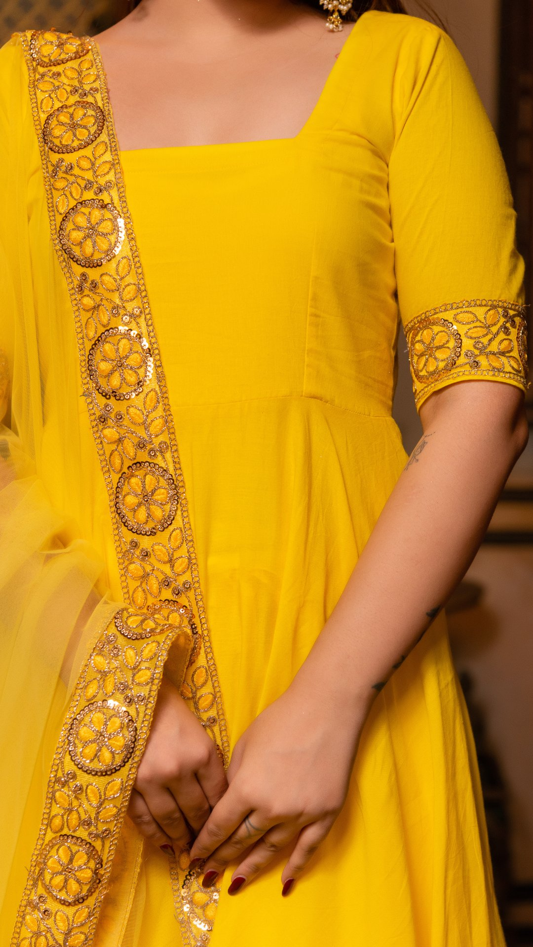 Pomcha Jaipur Gaurangi Yellow Gota Lace Embroidery Cotton Anarkali Set - Distacart