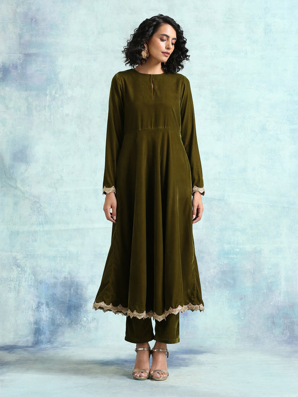 trueBrowns Mehandi Velvet Anarkali Kurta - Distacart