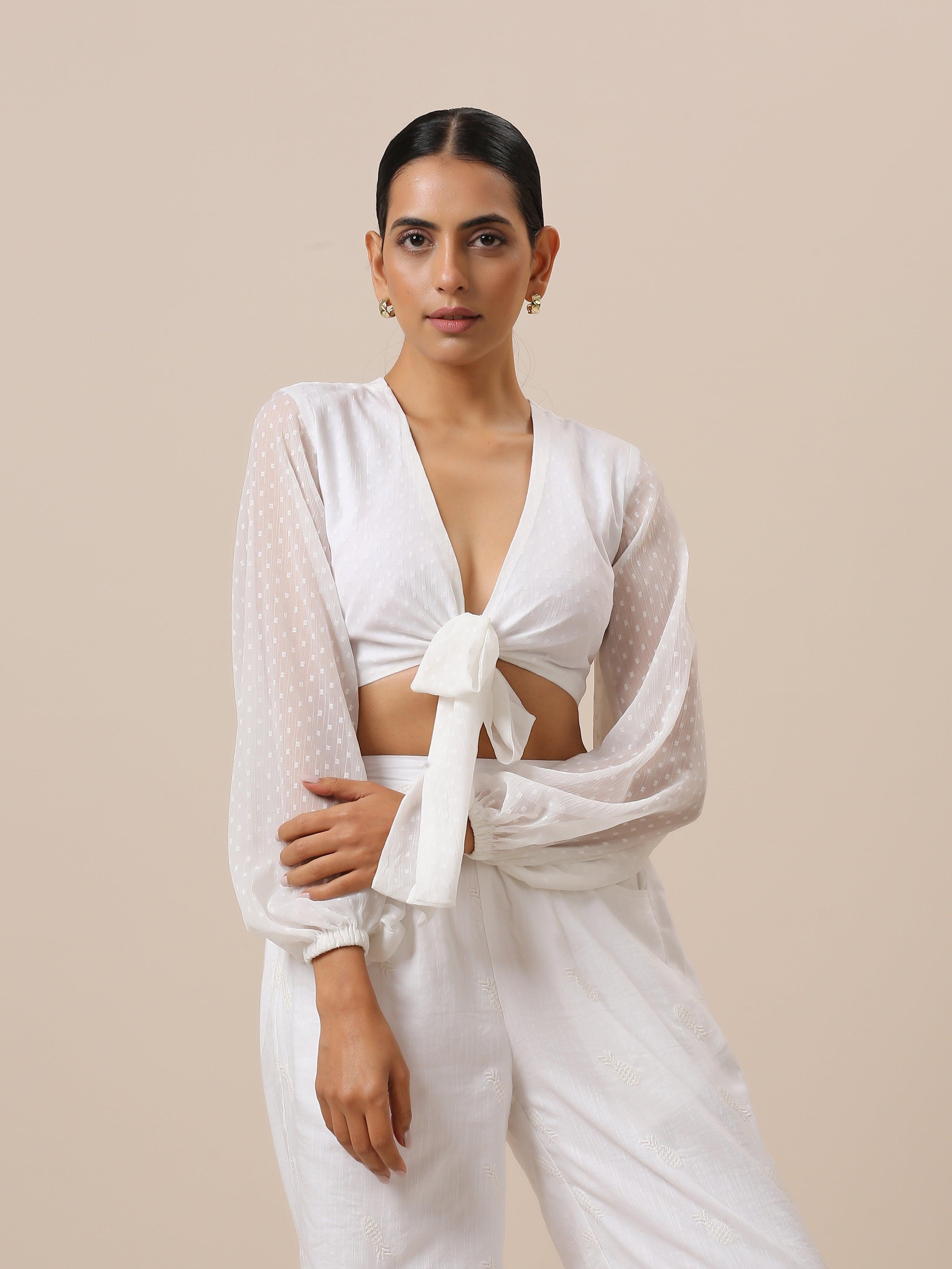 trueBrowns Chiffon White Dobby Tie Up Top - Distacart