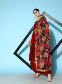 Thumbnail for Varanga Women Maroon Strap Style A Line Kurta Paired With Tonal Bottom And Contrast Floral Printed Dupatta With Four Sided Fringes