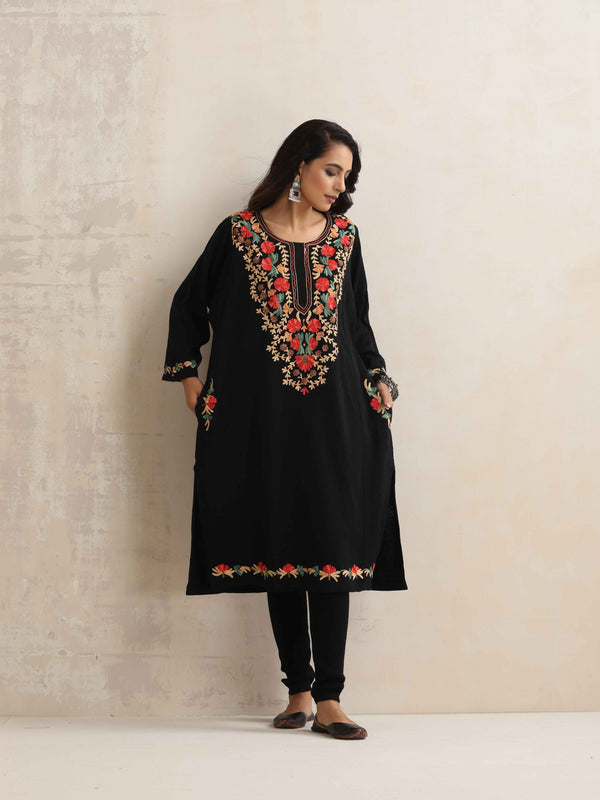 trueBrowns Black Kashmiri Embroidered Woollen Phiran Kurta - Distacart