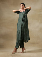 Thumbnail for trueBrowns Dark Green Bandhani Printed Silk Side Gathered Kurta Pant Set - Distacart