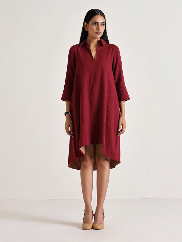 trueBrowns Maroon Short Collared Dress - Distacart