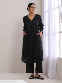 Thumbnail for trueBrowns Black Dobby Flared Slit Kurta Pant Set - Distacart