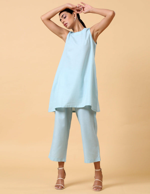 trueBrowns Cotton Linen Light Blue Sleeveless Co-Ord Set - Distacart
