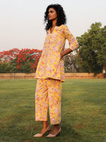 Thumbnail for trueBrowns Yellow Cotton Block Print V-Square Neck Co-Ord Set - Distacart