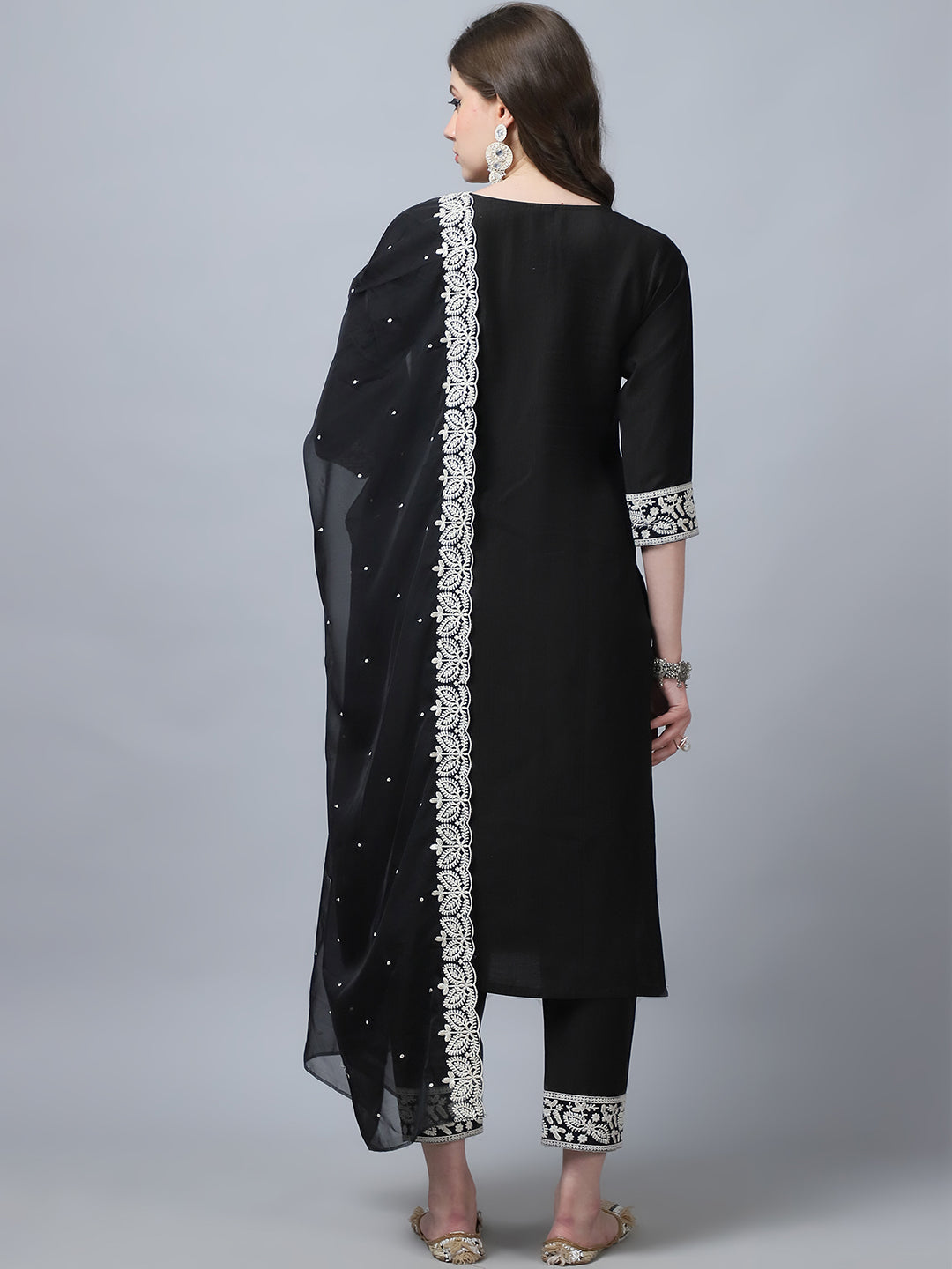 Indian Fashion Women Black Embroidery silk Kurta, Pant And Dupatta Set